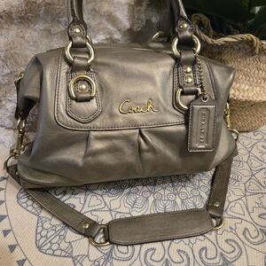 Coach Metallic Gray Leather Satchel with Gold Hardware and Crossbody Strap